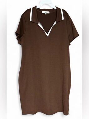 Madden NYC Brown Polo V-Neck Shift Dress White Contrast Trim Short Sleeve SzXXXL